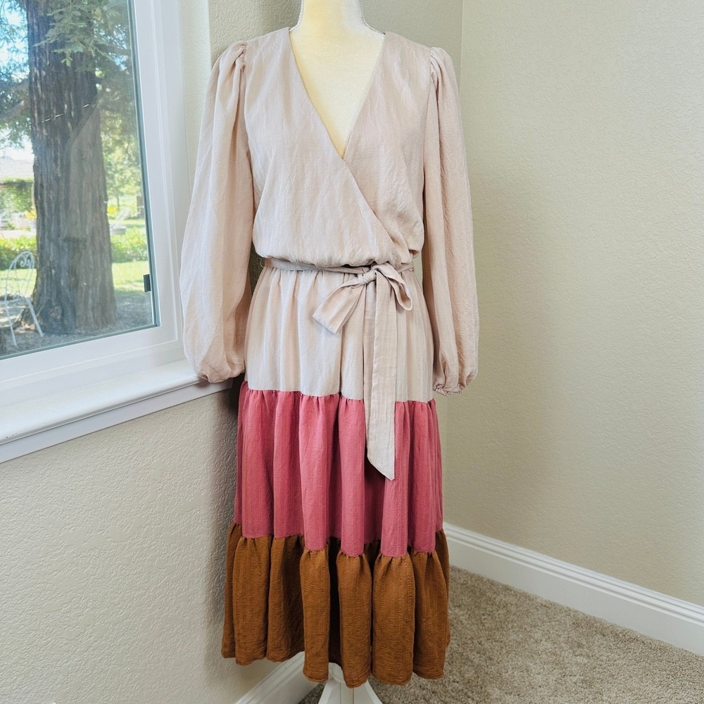 Flying Tomato A. Calin Tiered Midi Dress Womens L‎ Wrap Front Boho Flowy Cottage